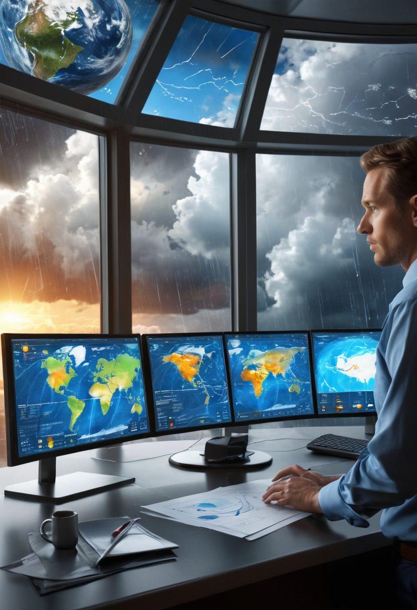 A dynamic scene of a meteorologist analyzing weather patterns on multiple screens, with charts, radar images, and a globe showcasing storm movements. In the background, a large window reveals a dramatic sky with varying weather conditions like sunshine, rain, and snow. The atmosphere is filled with futuristic technology and tools used for weather prediction. super-realistic. vibrant colors. 3D.