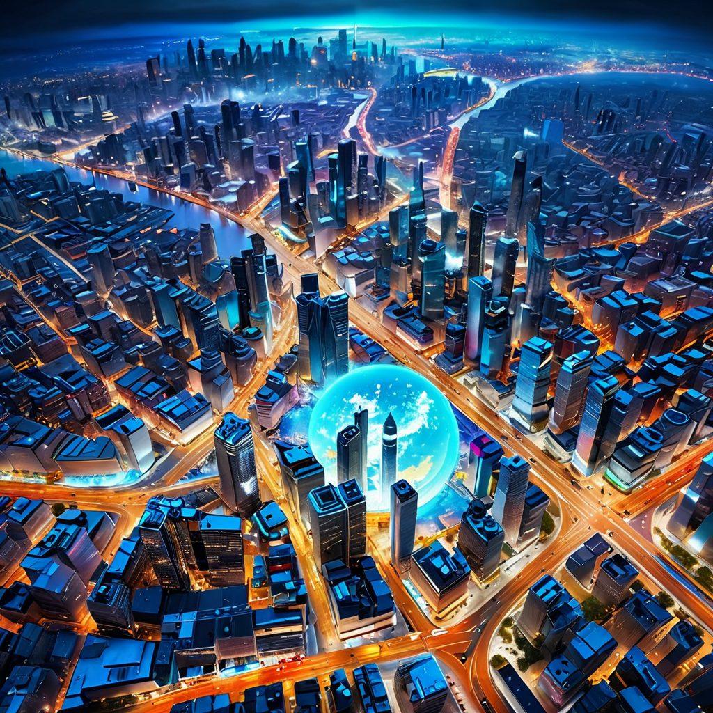 A futuristic cityscape blending satellite imagery with street-level views, showcasing advanced weather forecasting technology. Include digital screens displaying real-time climate data, diverse citizens engaging with interactive weather apps, and atmospheric changes in the sky above. Capture an essence of innovation and awareness in a vibrant, bustling urban environment. super-realistic. vibrant colors. 3D.