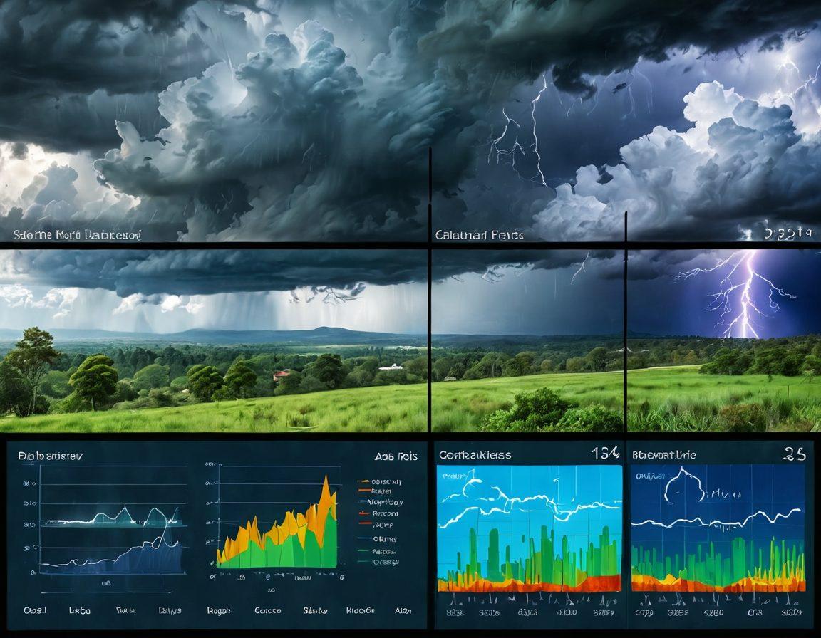 A split image depicting contrasting weather elements: on one side, stormy clouds with lightning and heavy rain, and on the other, a sunny landscape with lush greenery. In the center, a digital screen displaying graphs and charts analyzing weather trends and climate patterns. Add subtle iconography representing data analytics like bar graphs and pie charts throughout. Captivating and vibrant colors to emphasize the dynamic nature of weather and analytics. super-realistic. vibrant colors. digital art.